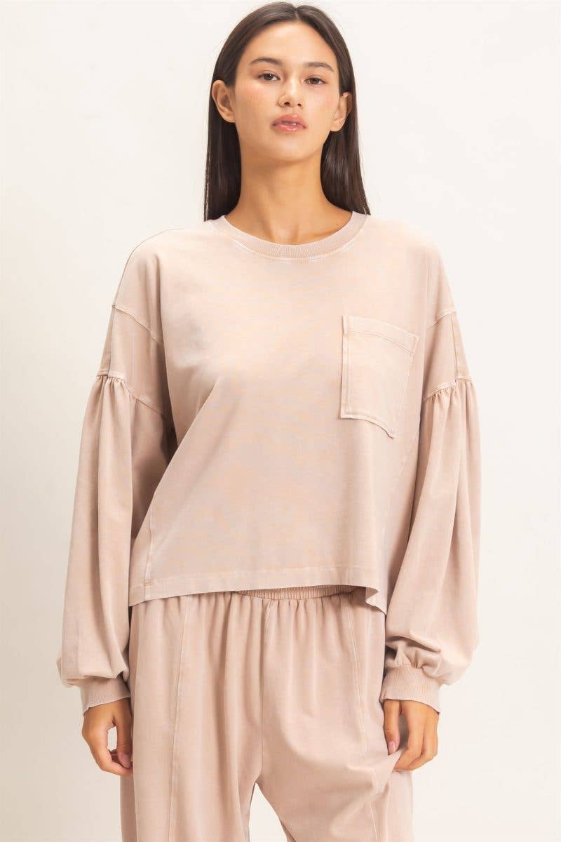Mineral Wash Puff Long Sleeve Boxy Top