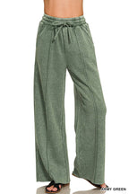 Acid Washed Fleece Pintuck Wide Leg Pants w/ Pockets