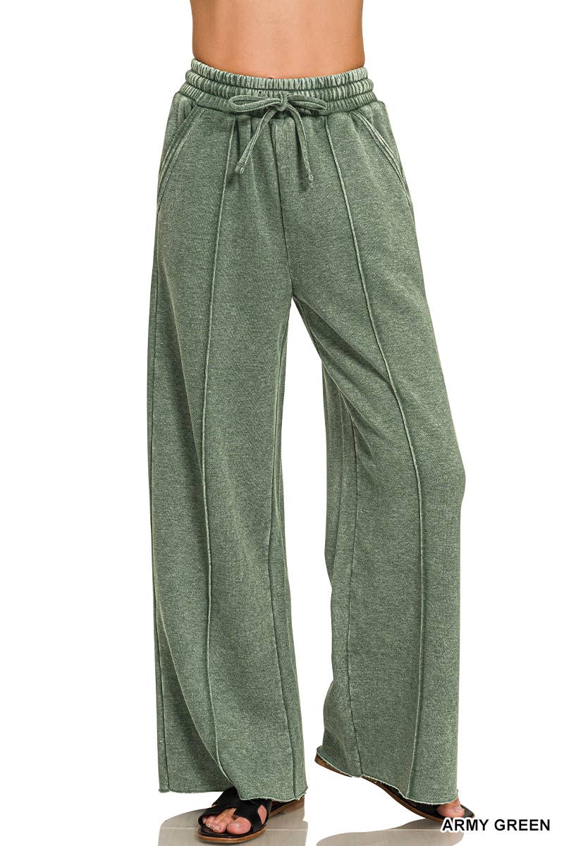 Acid Washed Fleece Pintuck Wide Leg Pants w/ Pockets