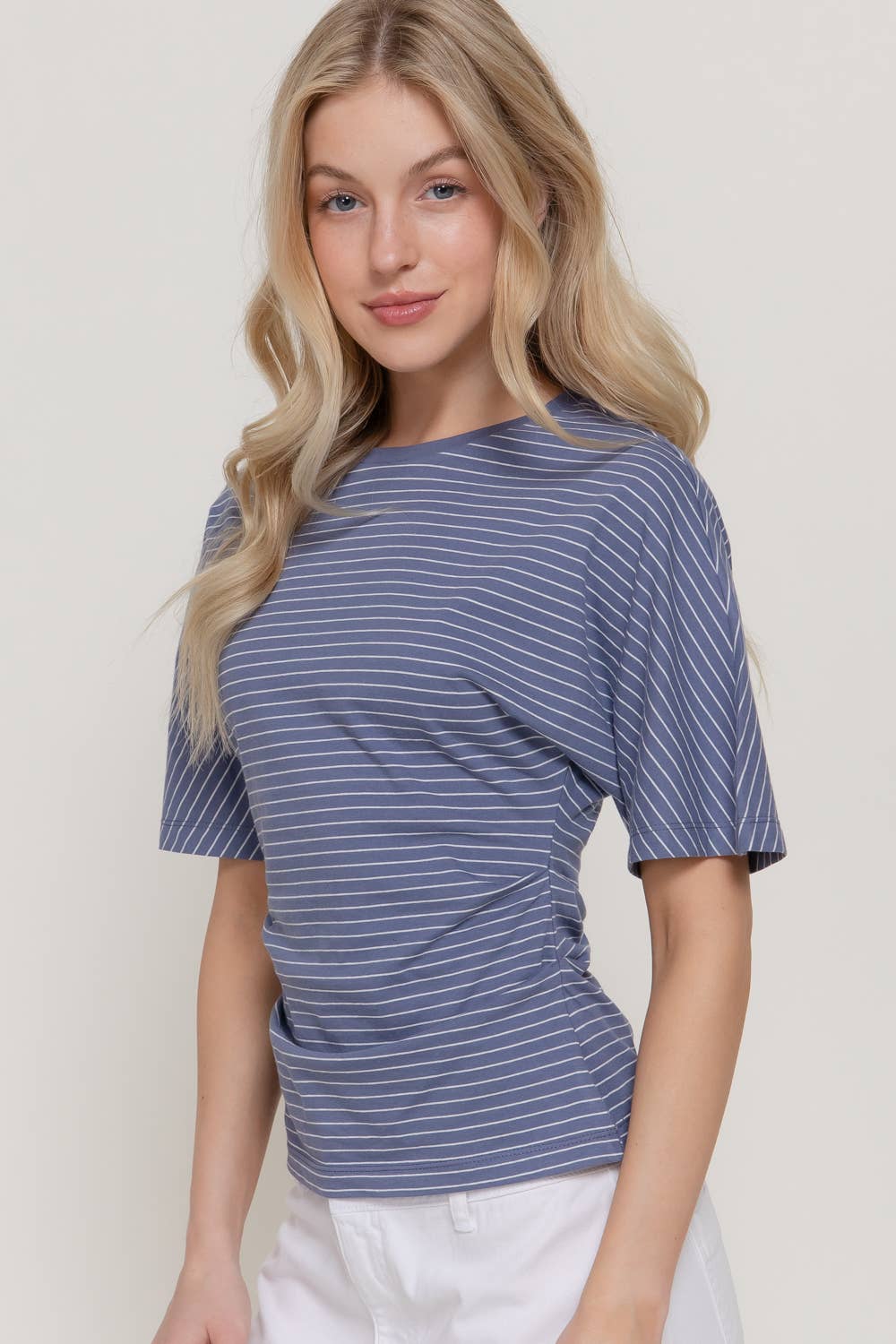Short Dolman Sleeve Defined Silhouette Stripe Knit Top