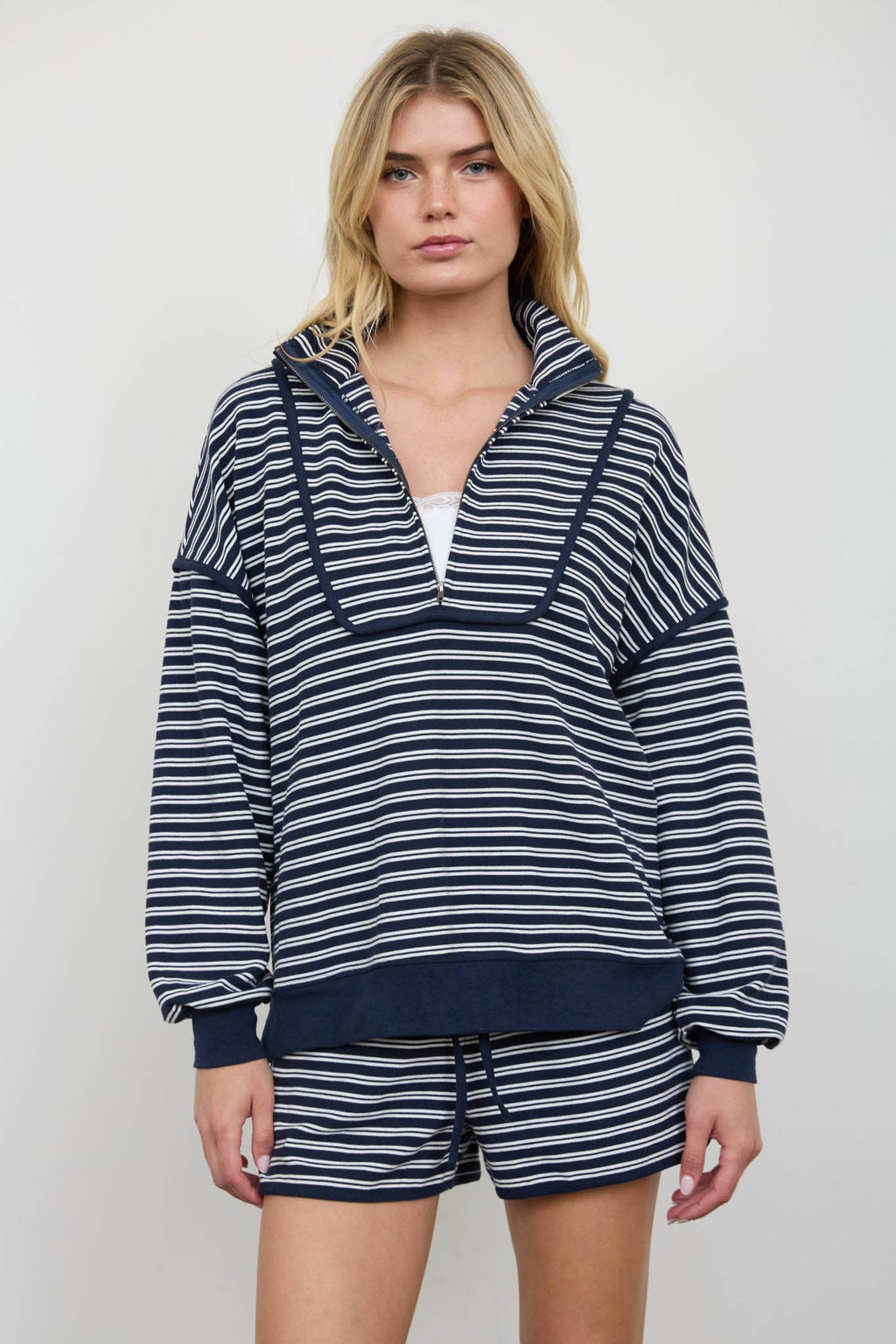 HALF ZIP STRIPE CONTRAST TRIM LONG SLEEVE KNIT TOP