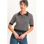 Striped Short Sleeve Collar Knit Top