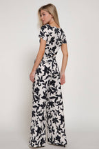 Print Texture Knit Short Sleeve Top & Waist Band Pants Set