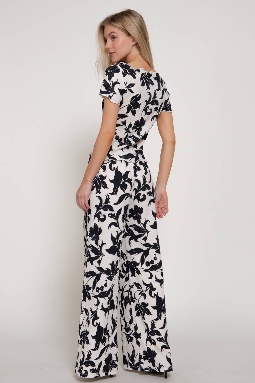 Print Texture Knit Short Sleeve Top & Waist Band Pants Set