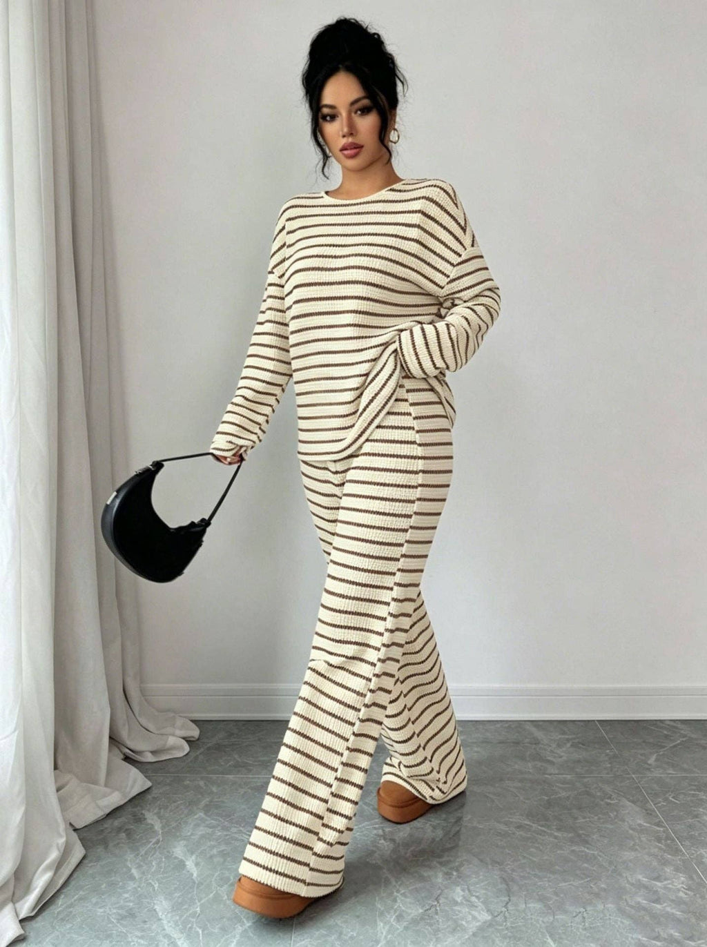 Striped Knit Jumpsuit Boutique Wide Leg Ribbed Loungewear