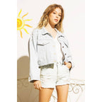 DENIM CROP JACKET WITH PEARL STUDS