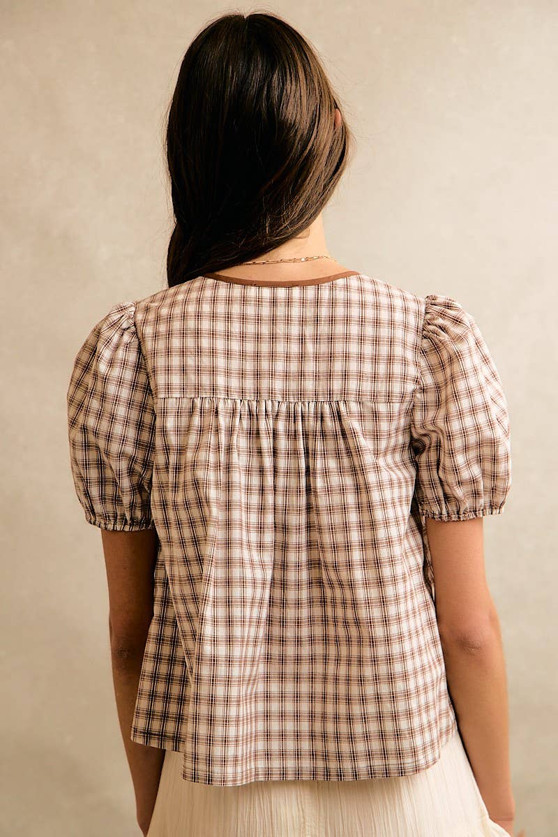 Plaid Check Pintuck Short Sleeves Blouse Top