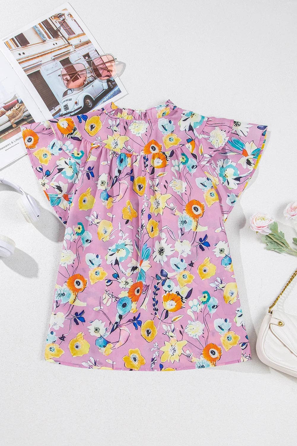 Floral Flutter Sleeve V-Neck Top