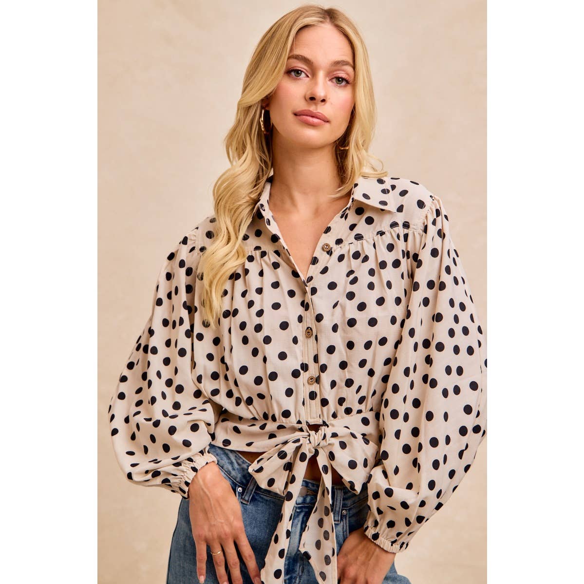 POLKA DOT PRINT TIE HEM DETAIL CROP BLOUSE TOP