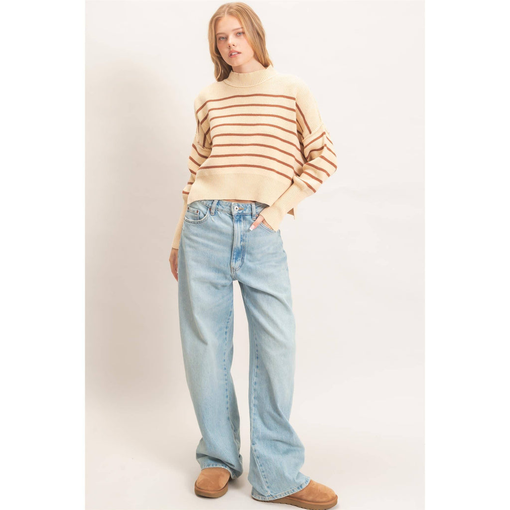 Striped Mock Neck Cropped Sweater