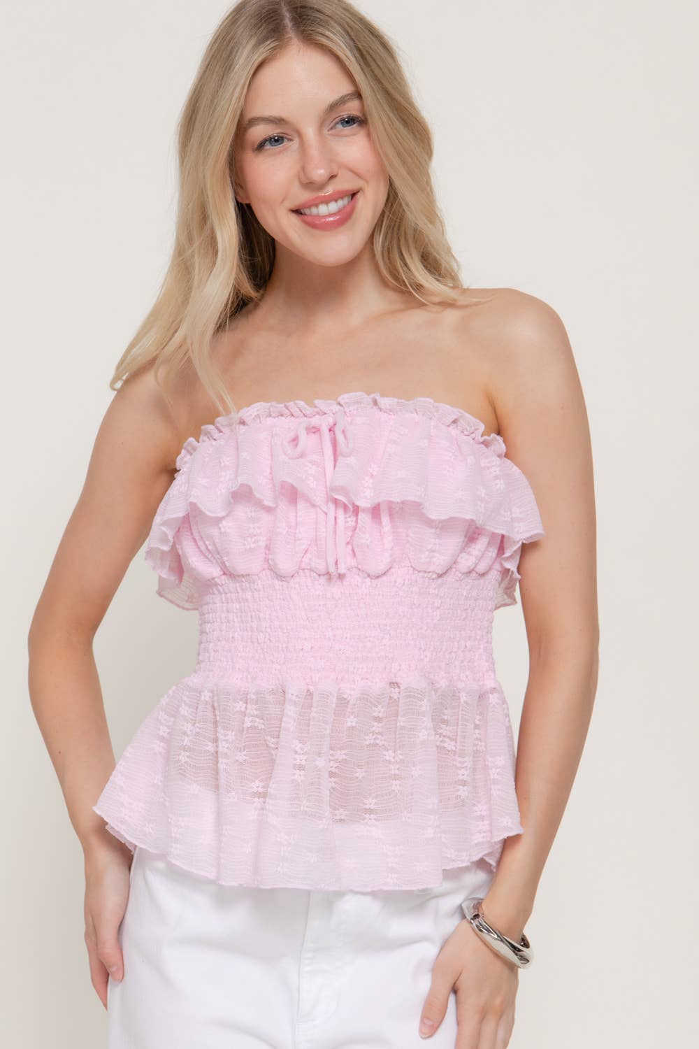 Waist Smocking & Ruffle Detail Stretch lace Tue Top