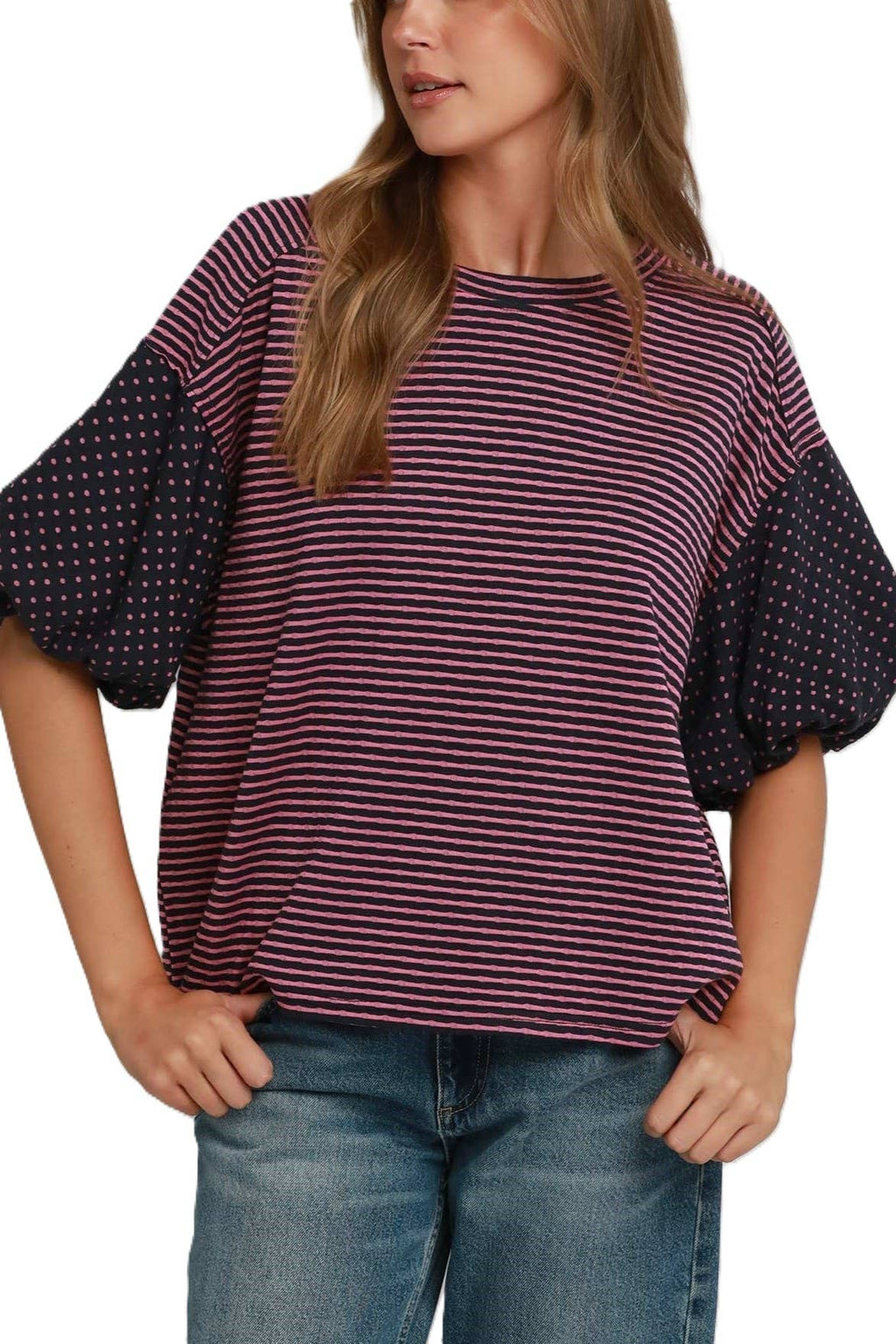 Polka Dot Bubble Sleeve Oversized Top