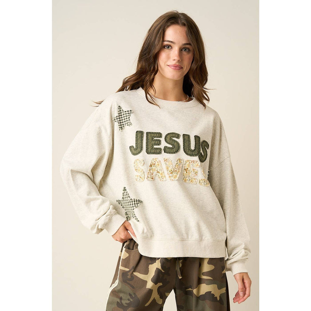 JESUS SAVES PATCHWORK CREW NECK SWEATSHIRT