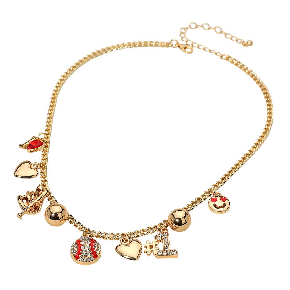 Heart Smile Number One Baseball Charm Necklace