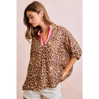 LEOPARD CONTRAST BANDED DOLMAN SLEEVES BLOUSE TOP