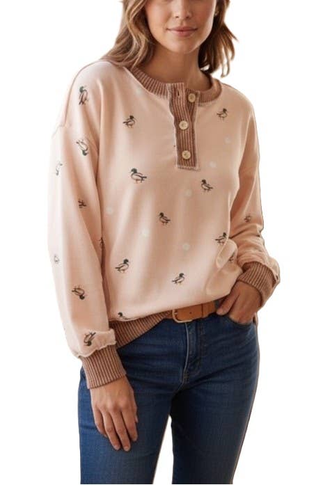 Darling Duck Print Button Neck Top