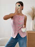 Striped Knit Tank Button Front Sleeveless Casual Summer Top