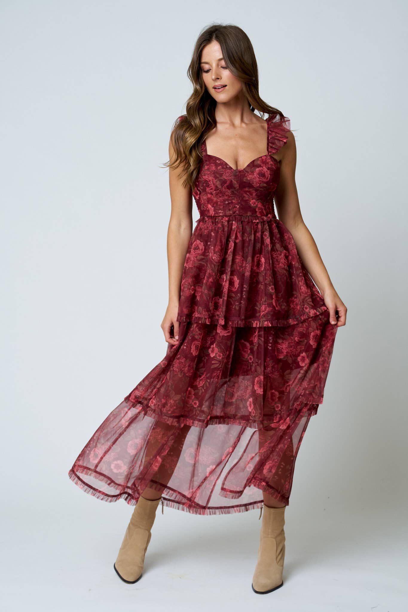 FLORAL CHIFFON RUFFLE TIERED CORSET MIDI DRESS