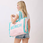 BEACH Letter Embroidery Terry Cloth Frayed Striped Shoulder Tote Bag