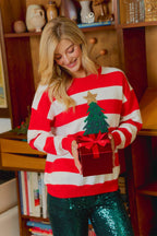 CHRISTMAS STRIPE AND TREE APPLIQUE KNIT TOP