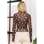 MESH STRAWBERRY PRINT HIGH NECKLINE CROP TOP