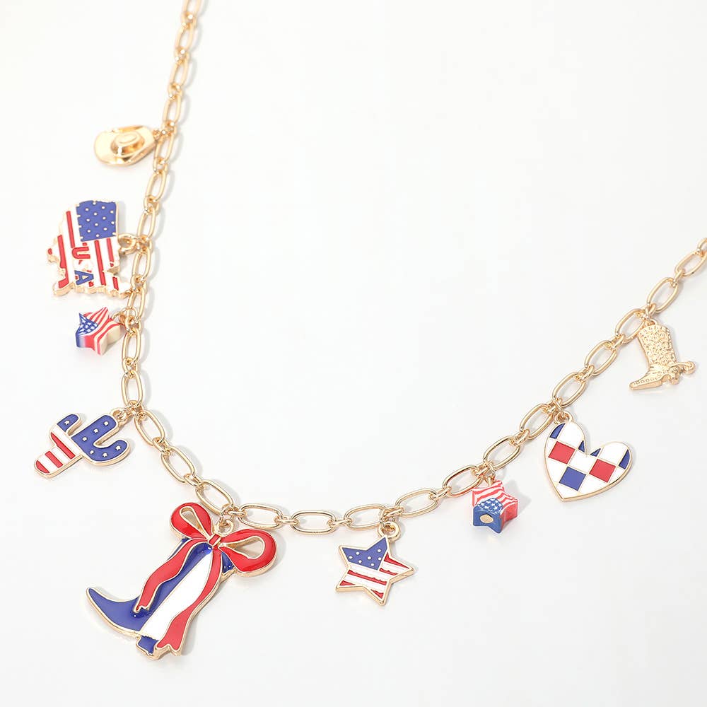 American USA Flag Western Boot Cactus Map Heart Star Charm Station Necklace