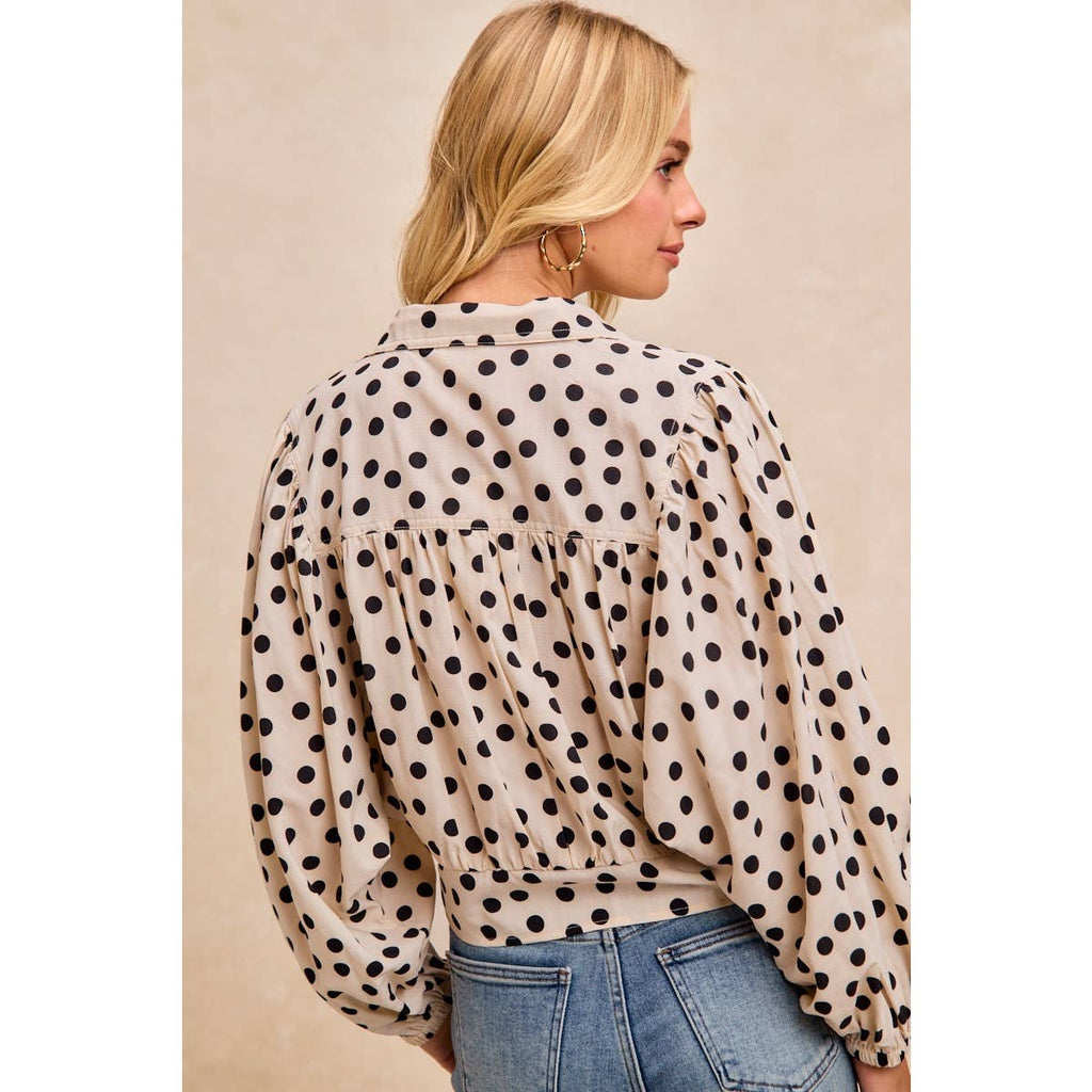 POLKA DOT PRINT TIE HEM DETAIL CROP BLOUSE TOP