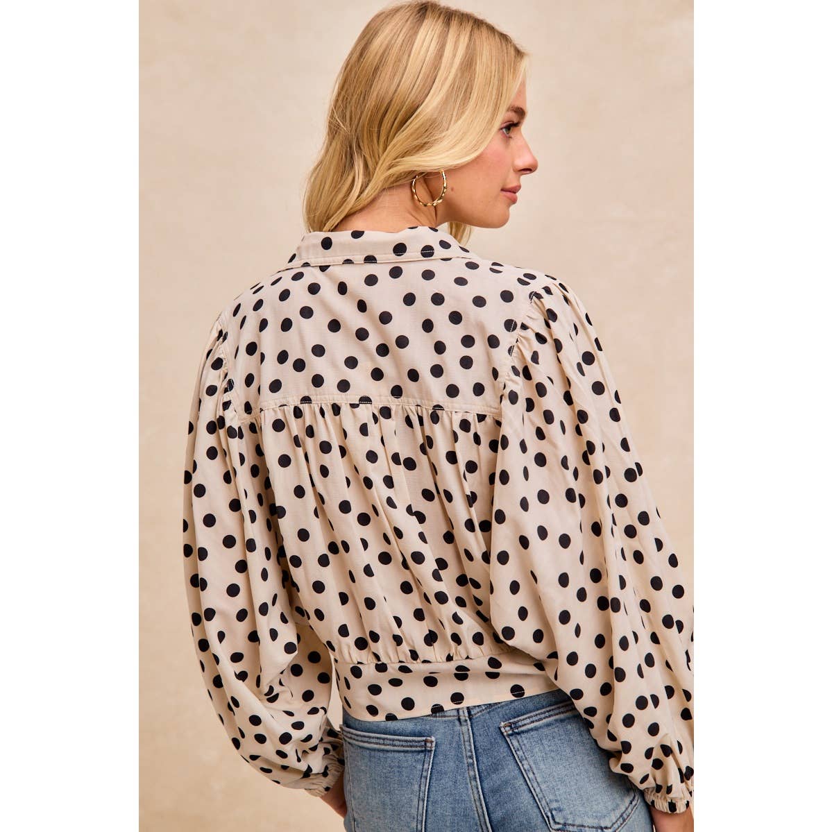 POLKA DOT PRINT TIE HEM DETAIL CROP BLOUSE TOP