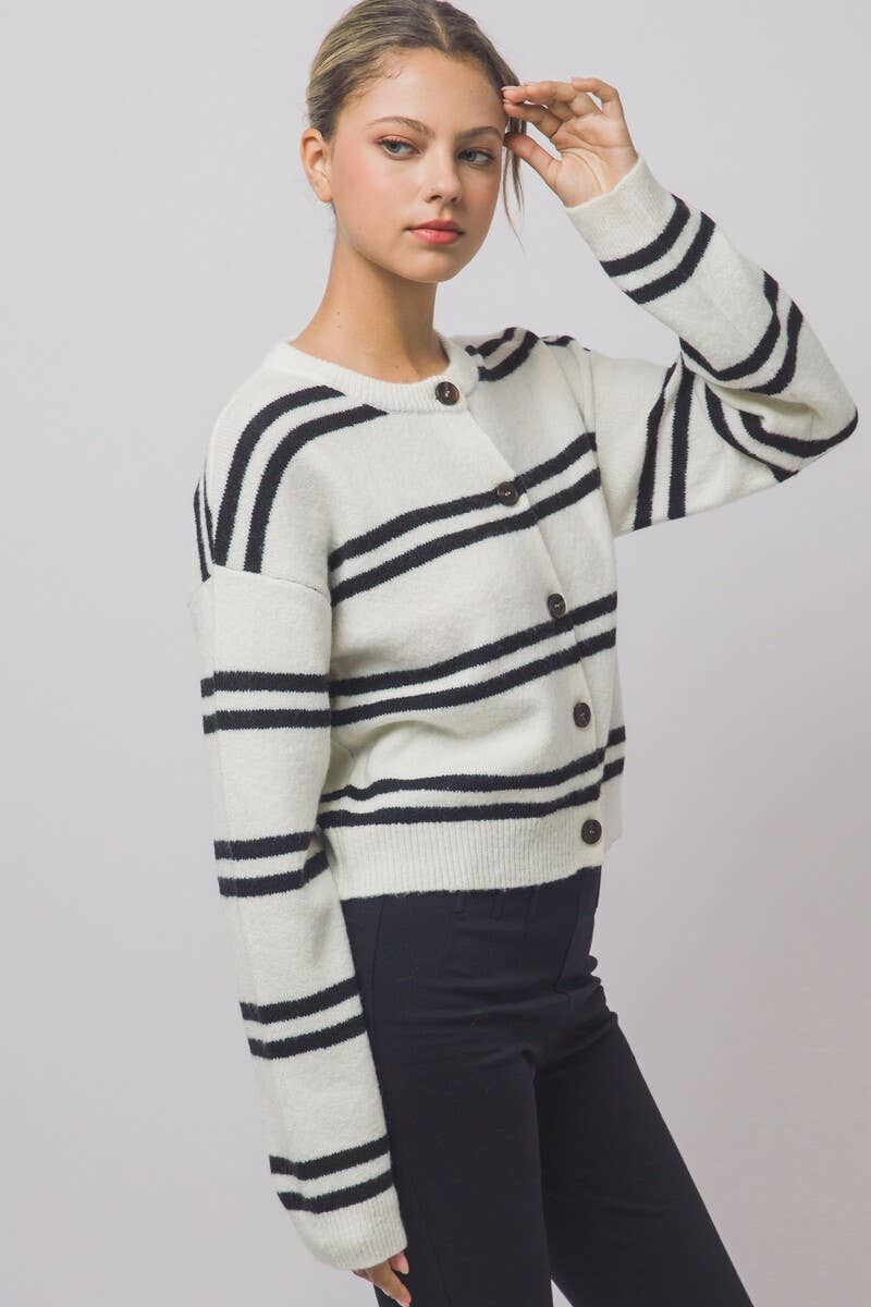 Striped Knit Crewneck Cardigan
