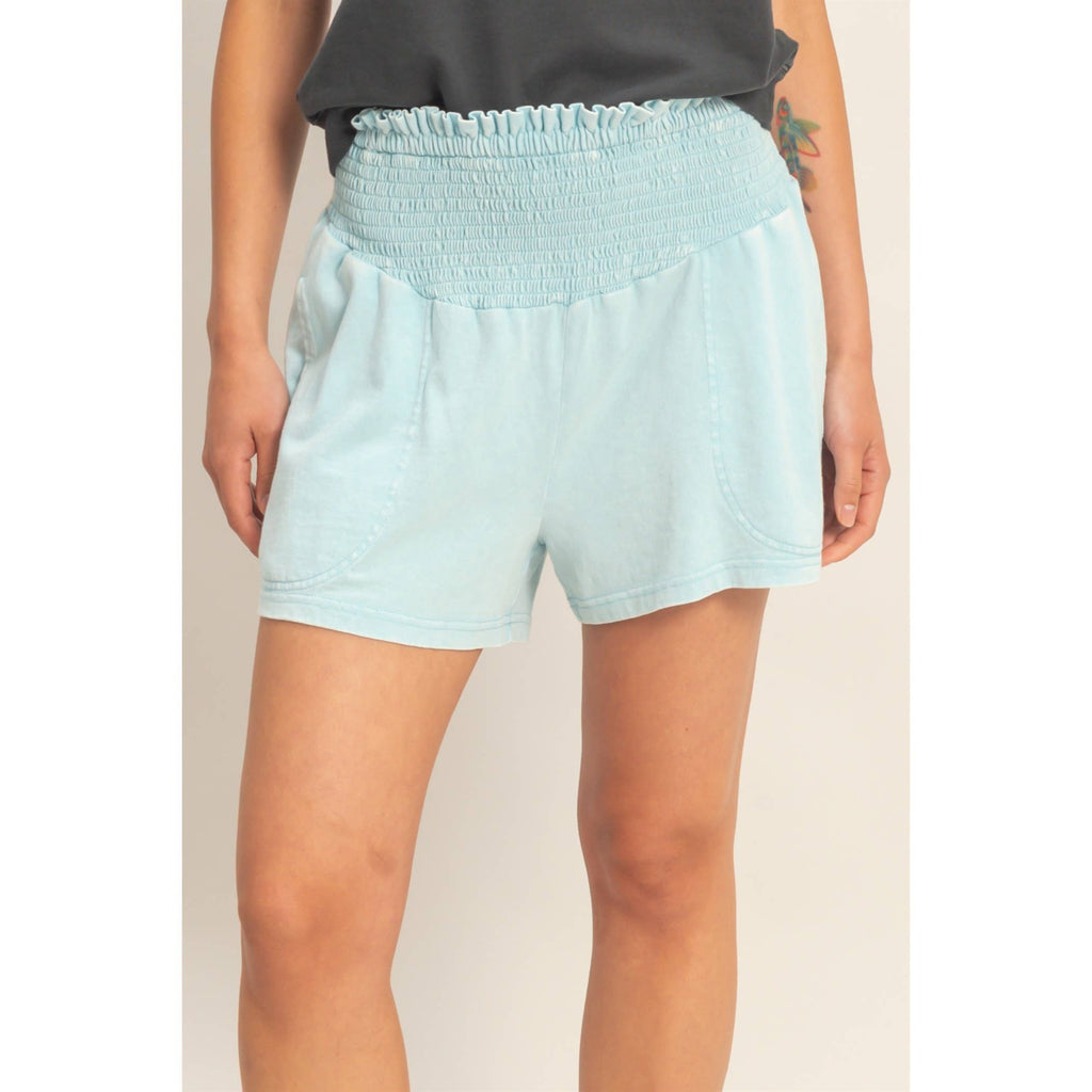 Smocked Waist Mineral Wash Shorts