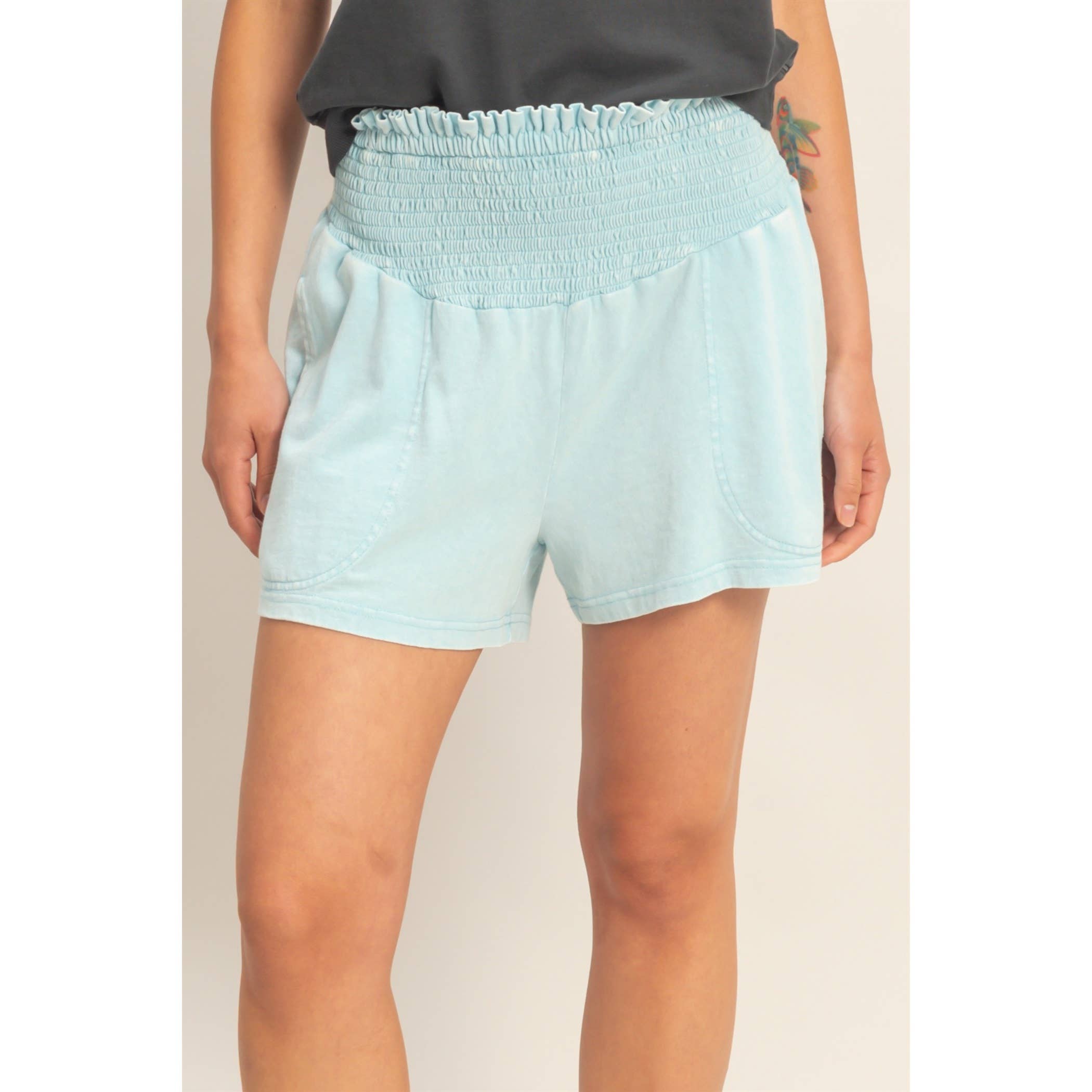 Smocked Waist Mineral Wash Shorts