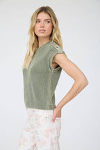 ACID WASHED TAB SLEEVE BACK BUTTON KNIT TOP