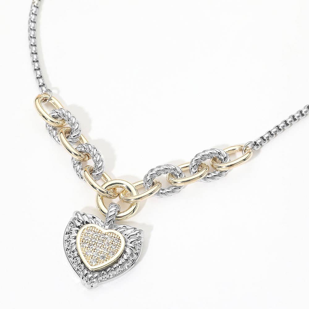 14K Gold Plated Two Tone CZ Pave Heart Pendant Necklace