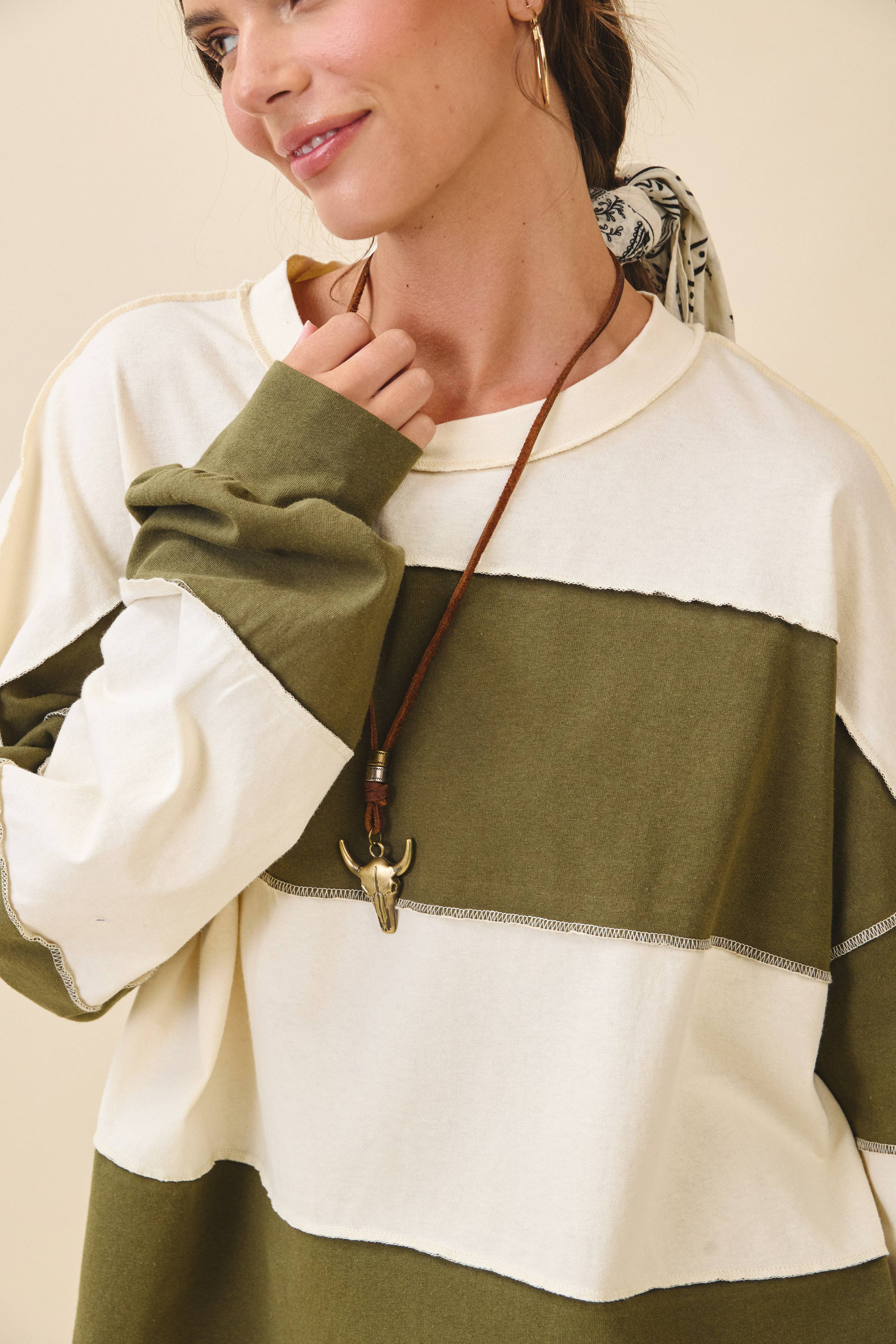8551GN Contrast Panel Long Sleeve Slouchy Top