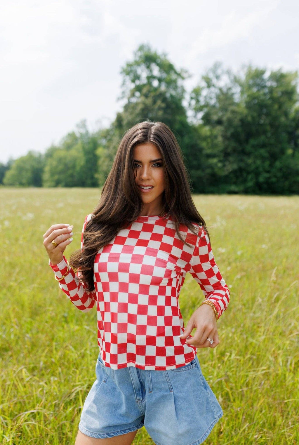 Fest Red Checkerboard Mesh Top