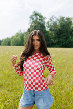 Fest Red Checkerboard Mesh Top
