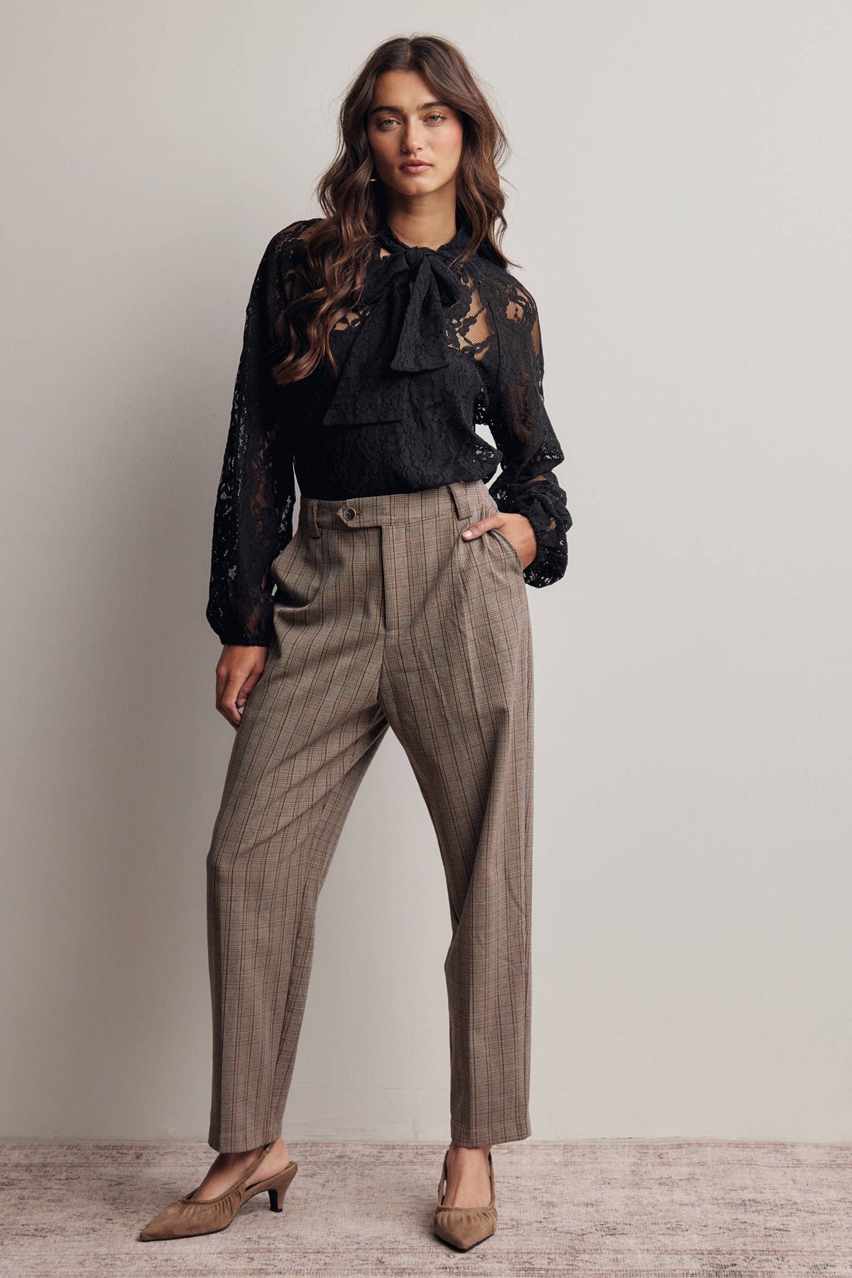 Sheer Lace Tie Neck Blouse FT0059