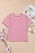 Stripe Scalloped Trim Round Neck Shirt