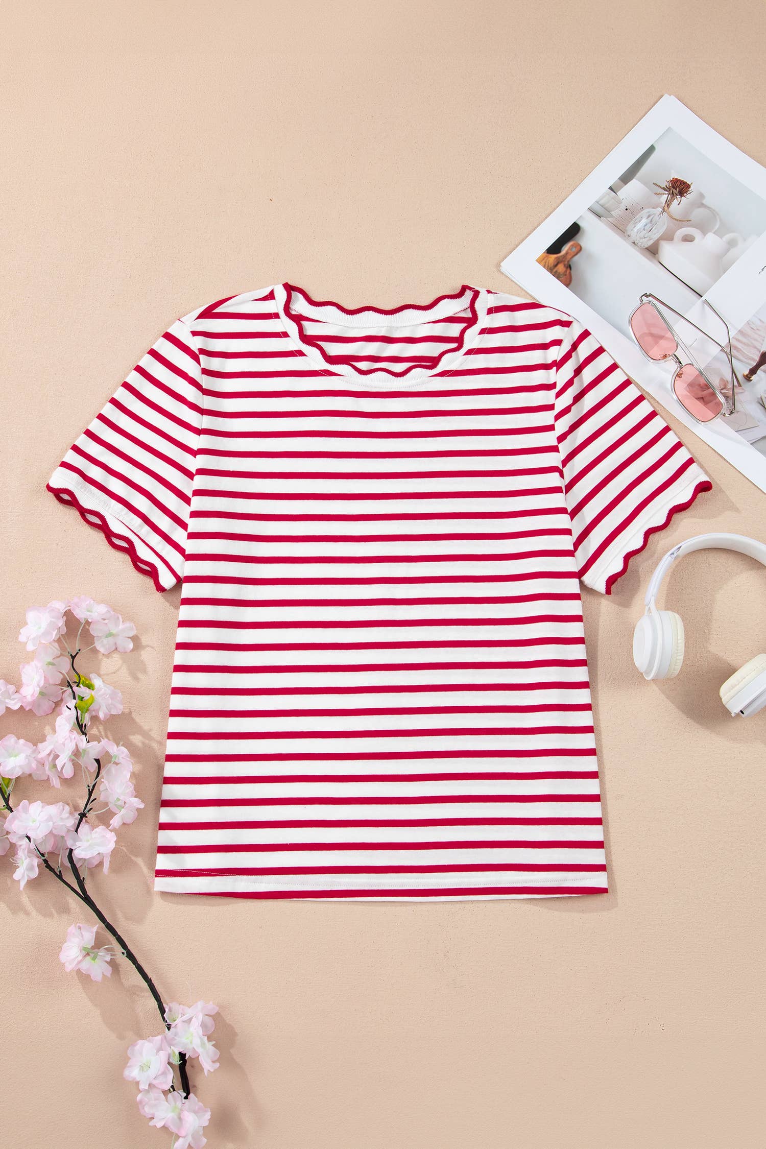 Stripe Scalloped Trim Round Neck Shirt
