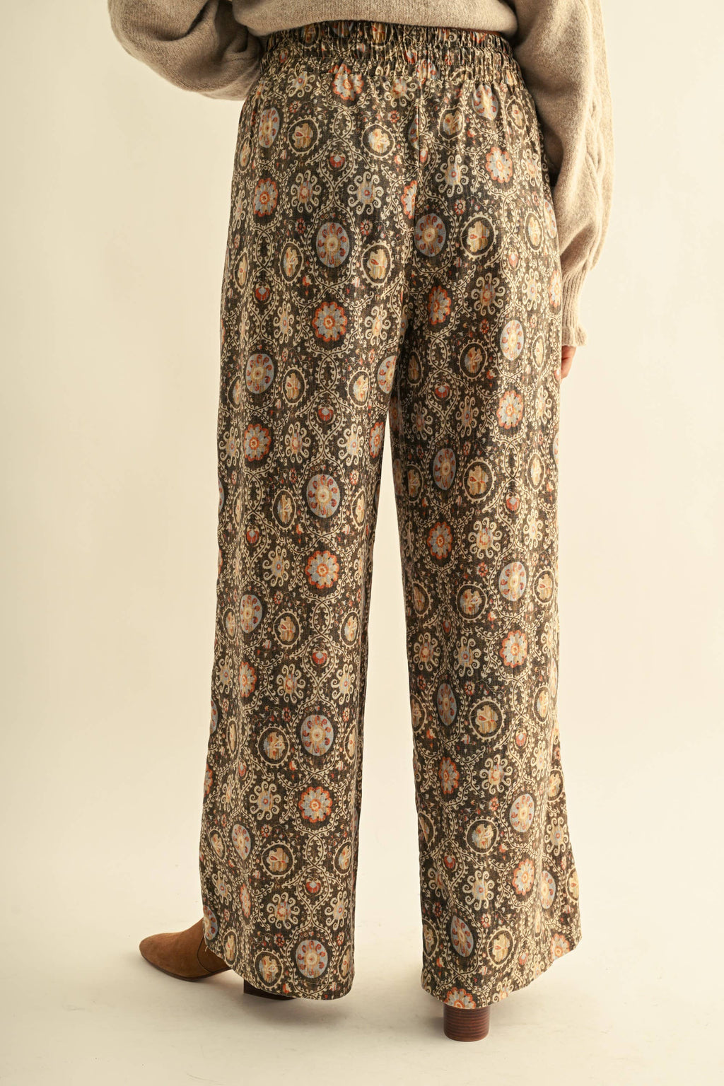 Vintage Print Linen Blend Drawstring Wide-leg Pants