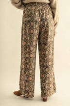 Vintage Print Linen Blend Drawstring Wide-leg Pants