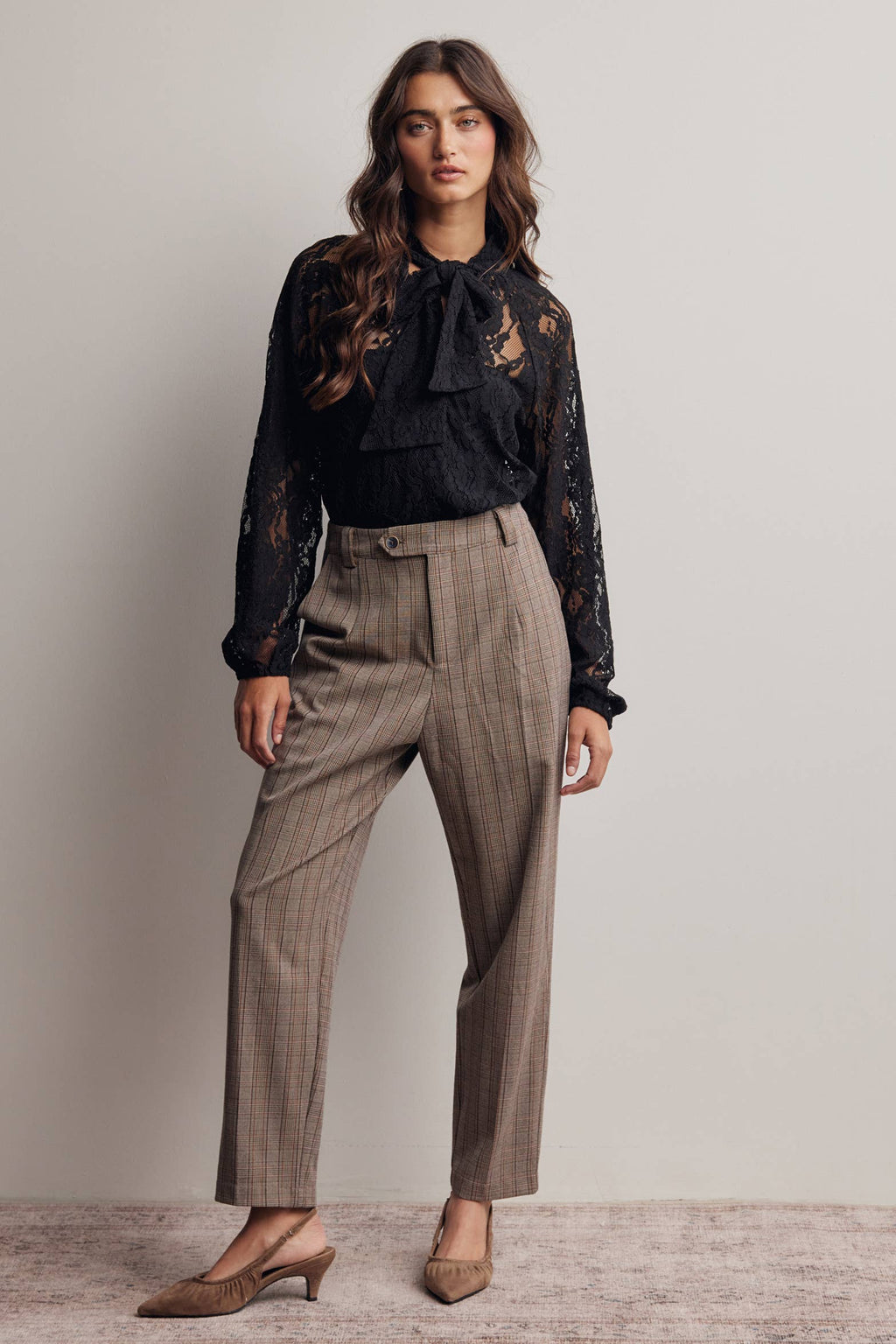Sheer Lace Tie Neck Blouse FT0059