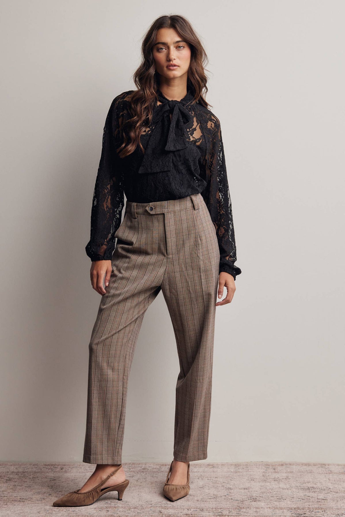 Sheer Lace Tie Neck Blouse FT0059