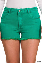 Washed Fray Hem Cotton Denim Shorts - Zenana
