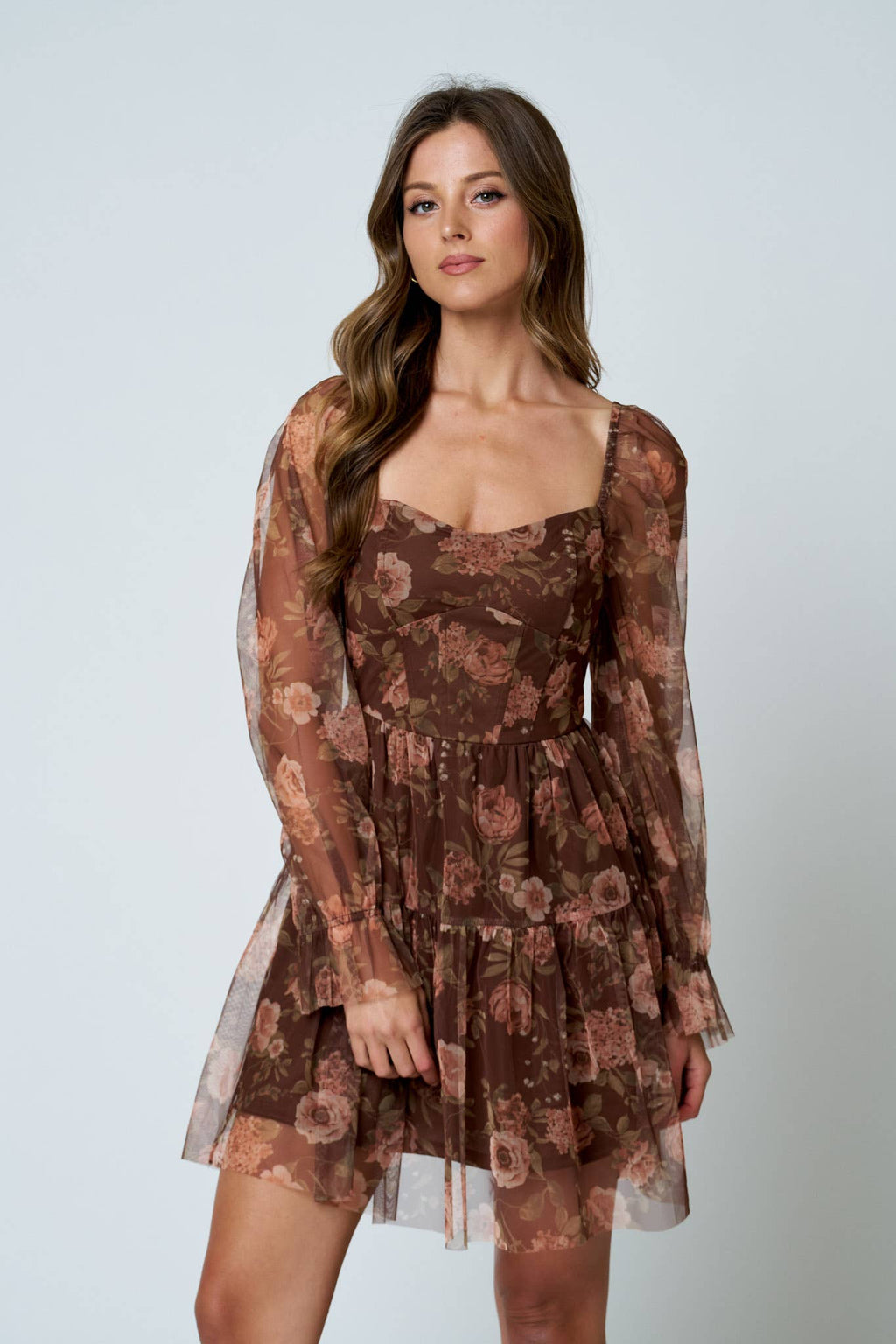 FLORAL CHIFFON LONG SLEEVE CORSET MINI DRESS