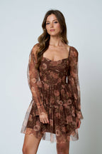 FLORAL CHIFFON LONG SLEEVE CORSET MINI DRESS