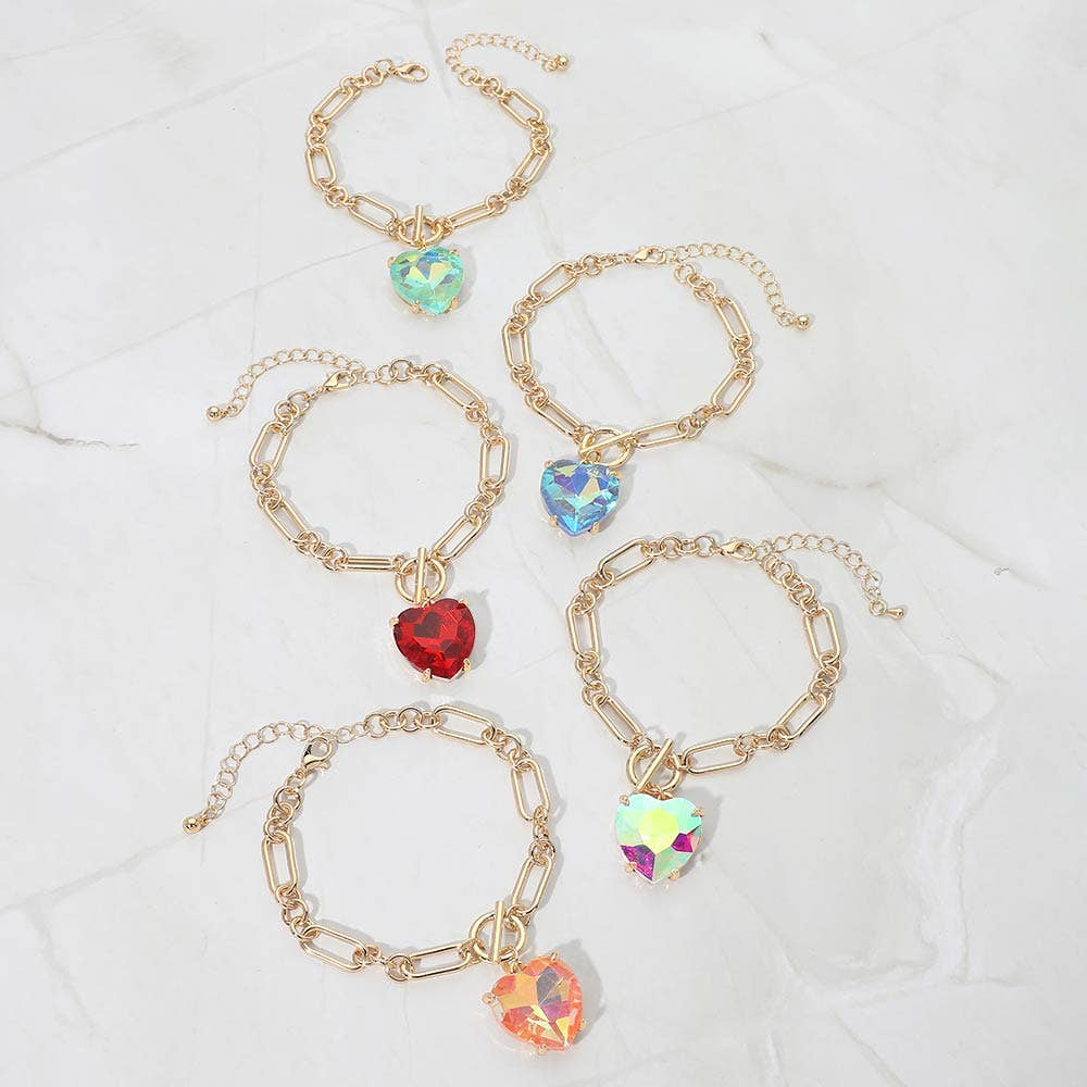 Chunky Heart Stone Cluster Toggle Charm Bracelet