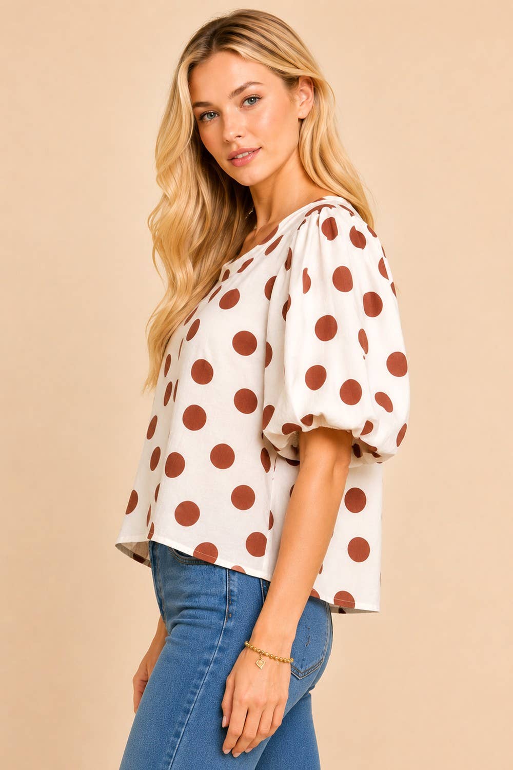 Classic Polka Dot Puff Sleeve Woven Blouse