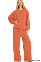Raised Rib Round Neck Pullover & Pants 2PC Set