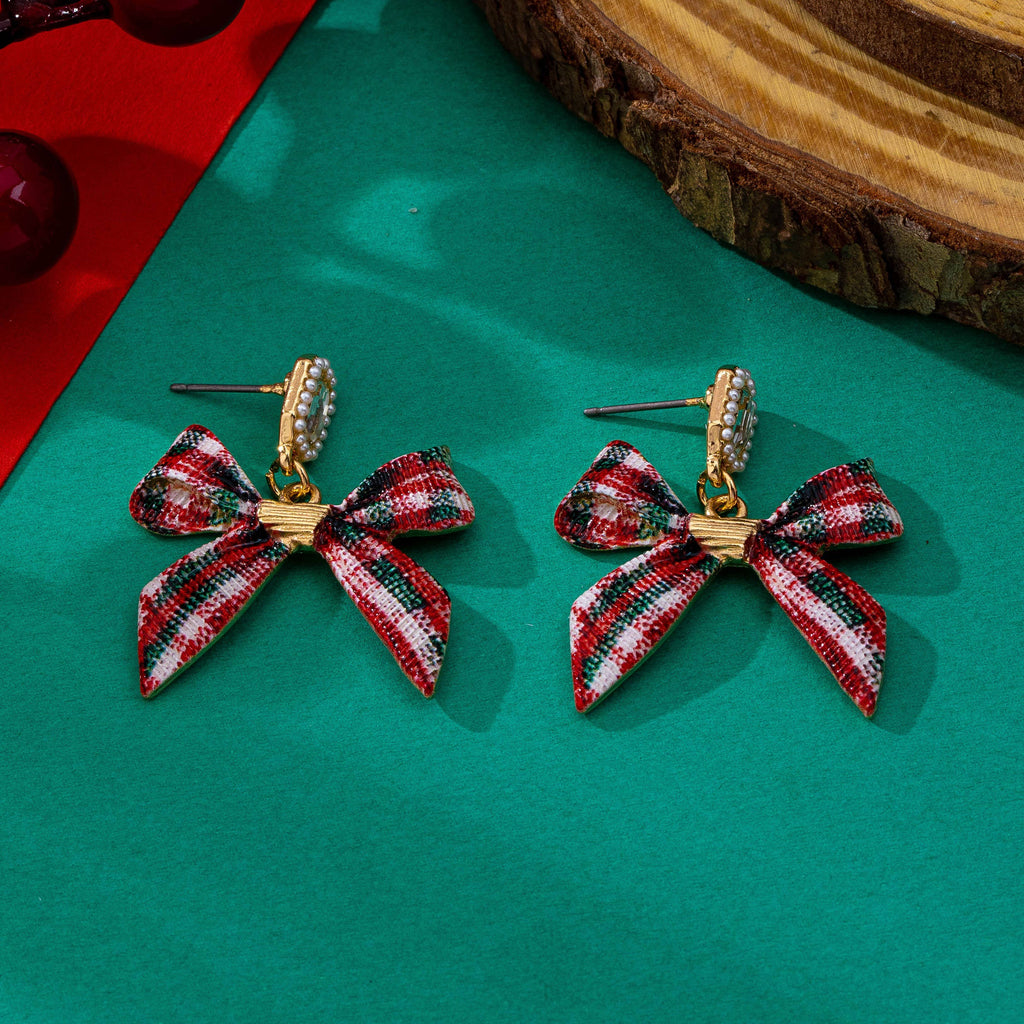 Tartan Plaid Bow & Pearl Crystal Drop Earrings | 80E63571